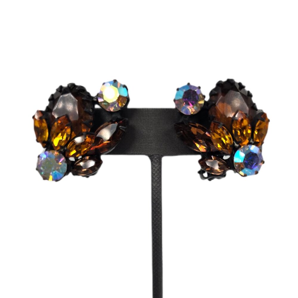 Vintage Original by Robert Rhinestone Clip On Earrings - AB & Amber-Color